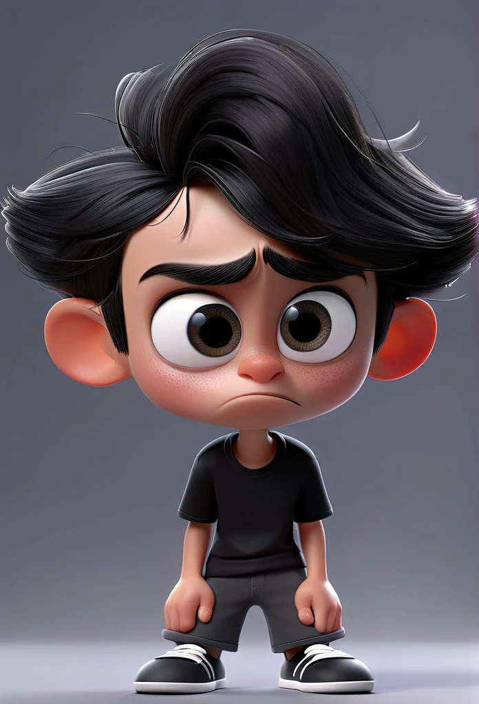 Funnily film character, disney pixar style , 3d, a boy with sad gray skin representing dark emotion, with shaved black hair, wearing black t-shirt and dark black shorts, eyes black, crying face, gray skin color , gray background 8k quality Creation