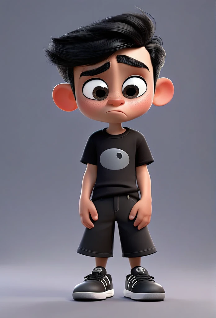 Funnily film character, disney pixar style , 3d, a boy with sad gray skin representing dark emotion, with shaved black hair, wearing black t-shirt and dark black shorts, eyes black, crying face, gray skin color , gray background 8k quality Creation