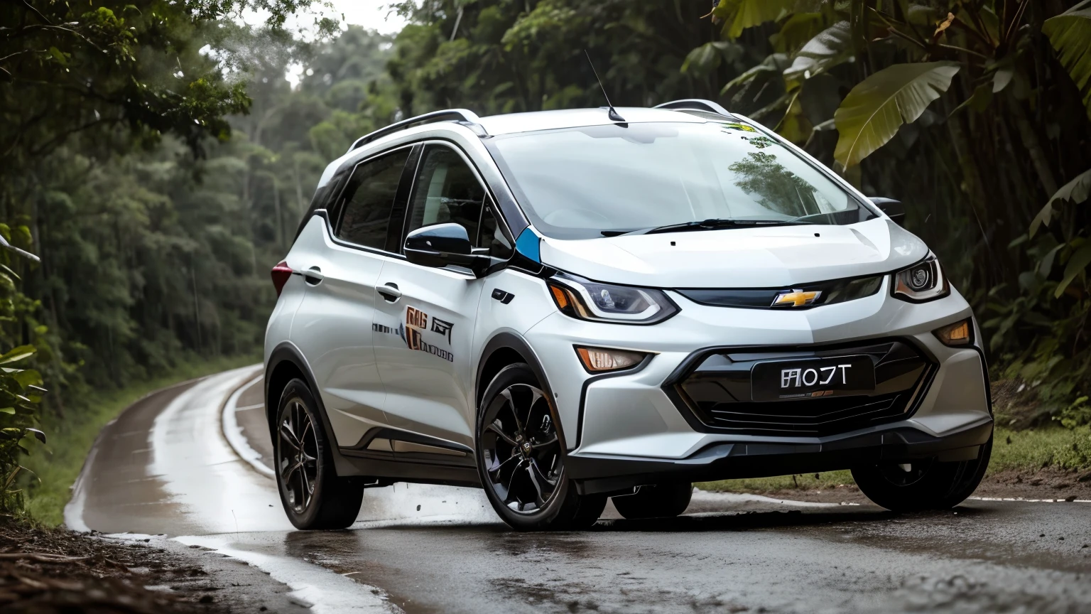 chevrolet bolt rally emum road in the middle of the amazon forest with rain