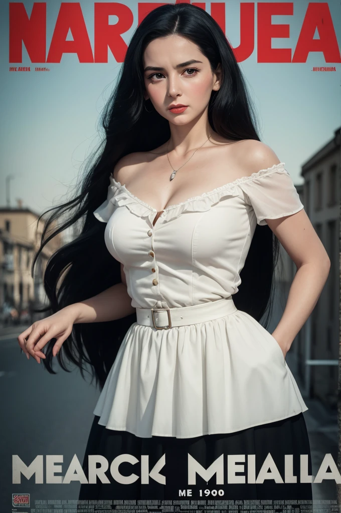 1950s movie poster with a beautiful white Italian woman, long black hair. film title: marcela, the deadbeat