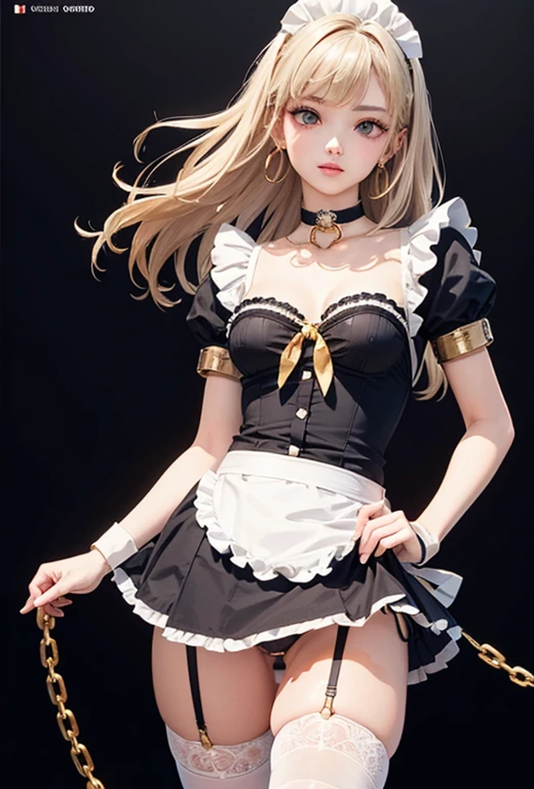 (Photorealistic:1.8, Highest quality:1.8,8K masterpiece:1.8、Super detailed、Ultra-high resolution、Detailed Background)、((Flat Color))、((colorful))、Multicolored lighting、((浮かぶcolorfulな水))、Blue background、
A woman in a maid outfit is tied up、Random Pause、(Golden chains on body、Golden chain collar、handcuffs)、Random Sexy Poses、Turn around、Angle from below、
(Long Hair、Vermilion, silver and gold hair、hair ornaments、Brown Skin)、(Maid uniform、choker、Mini skirt with slit、Knee-high stockings、garter belt、Wedgie Panties）、Beautiful hip line、TWICE&#39;s Tzuyu&#39; on pause、Beautiful blue eyes、(A rich expression、smile）
