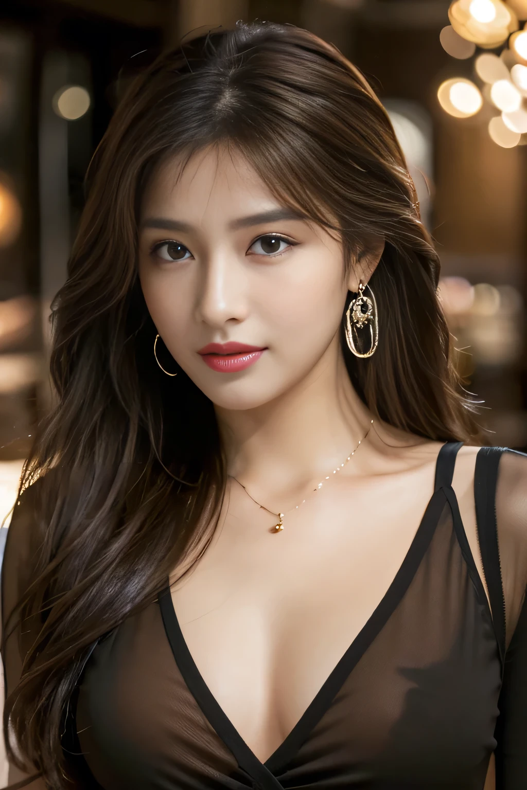 masterpiece, Highest quality, Realistic, Very detailed, Finer details, High resolution, 8k wallpaper, One beautiful woman,Wear a black see-through shirt, In a great restaurant, At night, Light brown messy hair, Perfect dynamic composition, Beautiful and beautiful eyes、Big earrings、