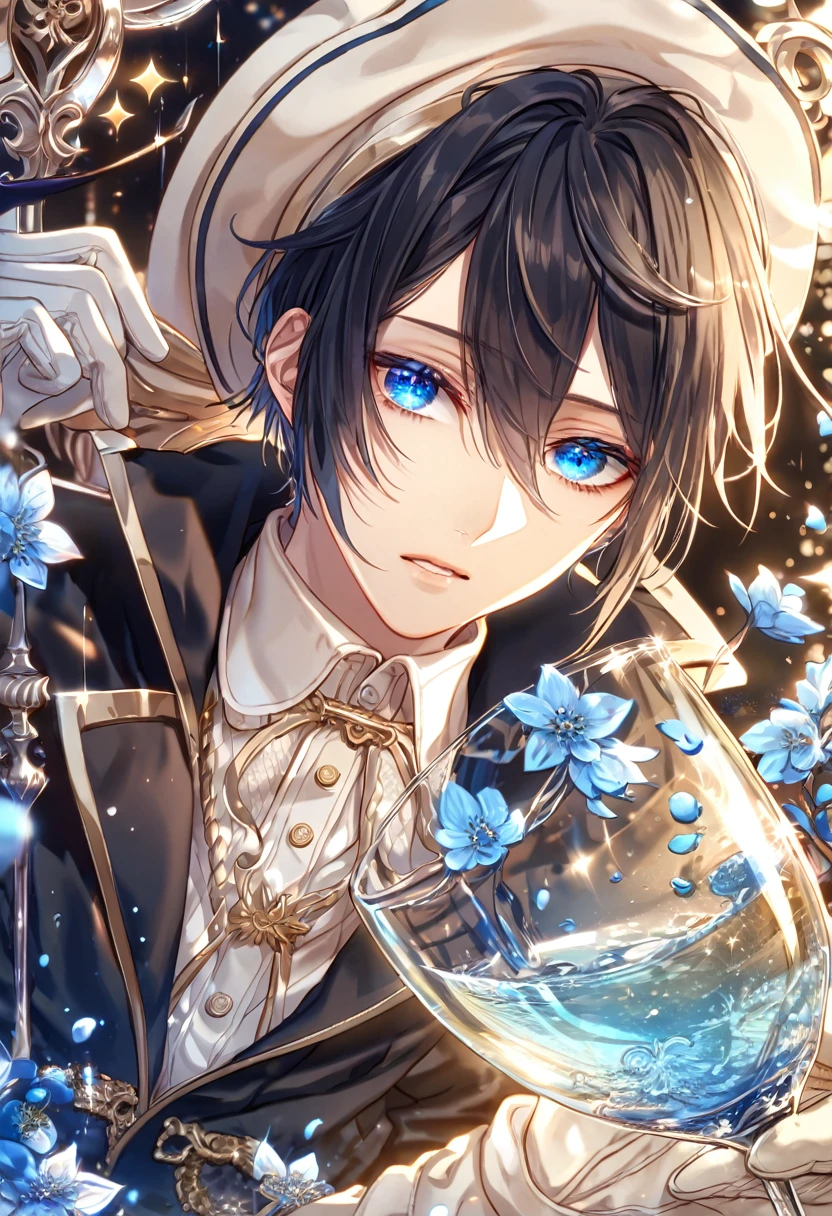 absurdres, highres, ultra detailed, HDR, master piece, best quality, extremely detailed, Yoite, black hair, expressive blue eyes, Nabari No Ou, solo, sexy man, handsome, black trench coat, white sweater, light beige color cap, light beige color gloves, magical, fantasy, glittering, sparkling, glass, blue flowers, blue petals, water, blue moon