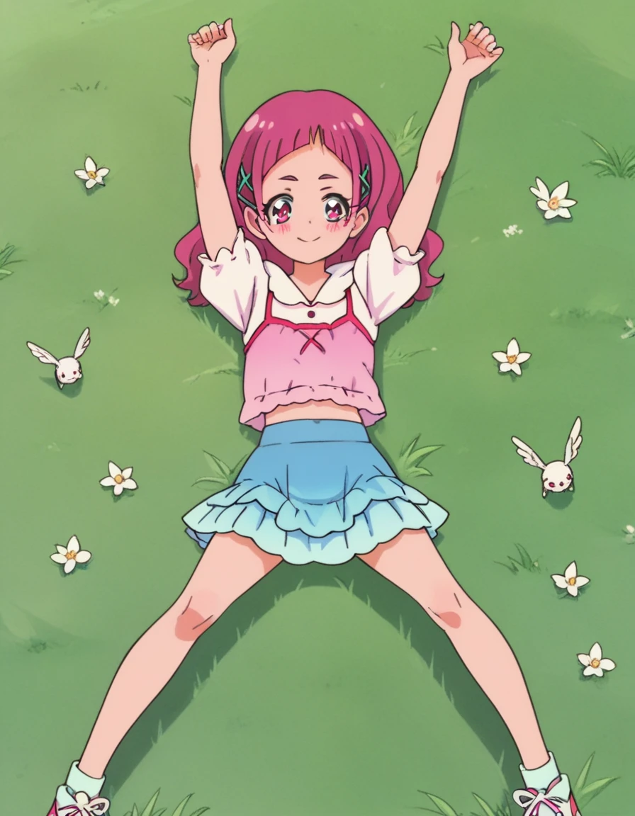 nono hana, pink eyes, pink hair, long hair, blunt bangs, hairclip, x hair ornament, layered shirt, pink shirt, short puffy sleeves, layered skirt, blue skirt, high quality, closed mouth, solo, lying, on back, on grass, arms up, spread arms, looking at viewer, best quality, medium full shot, sleeveless, closed mouth, blushing, full body, smile, spread legs, blush,