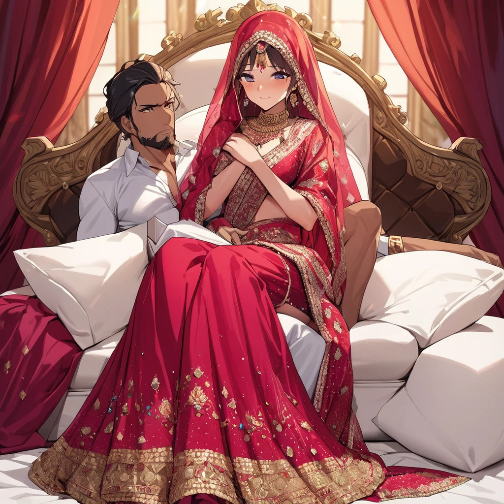 ((Highest quality)), ((masterpiece)), (detailed), (Perfect Face)、The woman is Tsukino Usagi, a Hindu Indian with vibrant brown skin and a red bindi on her forehead, and is wearing a gorgeous, dazzling traditional Indian wedding dress, a vibrant sari, a vibrant hijab, a bindi, a gorgeous hair ornament, gorgeous jeweled accessories, and an engagement ring, on a luxurious bed in an Indian mansion. The woman and the man are sitting on a luxurious, large sofa in the luxurious room, and the half-naked, naked, muscular, bearded Indian man straddles her, pressing their crotches together, and the man inserts his penis into the woman's pussy, having intense sex, thrusting his genitals in and out and ejaculating a large amount of semen out of her pussy.、The woman is the elegant Tsukino Usagi, with long blonde hair in a chignon twin tail, wearing a colorful sari and a colorful hijab, with bright brown skin and a red bindi on her forehead. She is an Indian Hindu Tsukino Usagi.、(The woman is a brown-skinned Indian named Tsukino Usagi.)、The man is a dignified, muscular, bearded, nude, middle-aged Hindu Indian man.