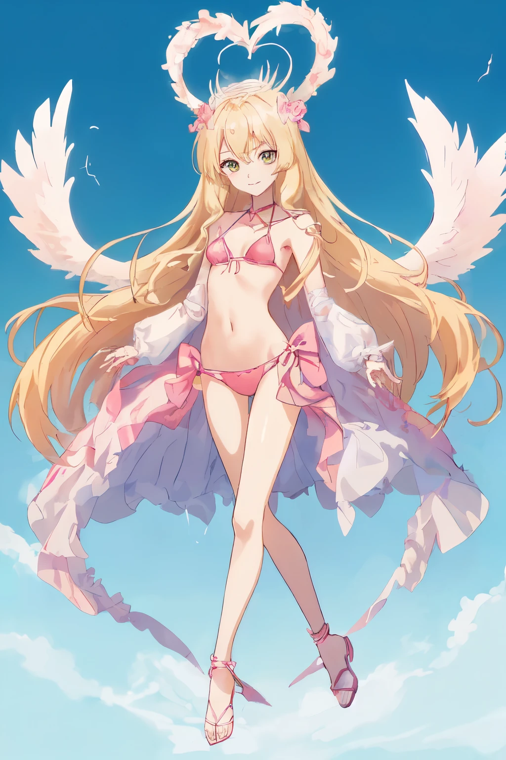 1_girl, (anime, kawai:2), (masterpeice, best_quality, clean:1.5), (sky_background:1.2), (cute, cute_smile, young:1.5), (delicate, extremely_delicate, beautiful, thin:1.5), (girlfriend, angel:1.8), (green_eyes, simple_eyes:1.8) (long_hair, blond_hair, wearing_pink_dress, pink_angel_wings, sexy_gloves:1.5), extremely_delicate, (love_magic:1.5), (age_size_fits_body), (small_thighs:1.3), (breasts), (eye_level:1.3), (heart_magic, love:1.5), (folded_legs:1.5), (bikini:1.5)