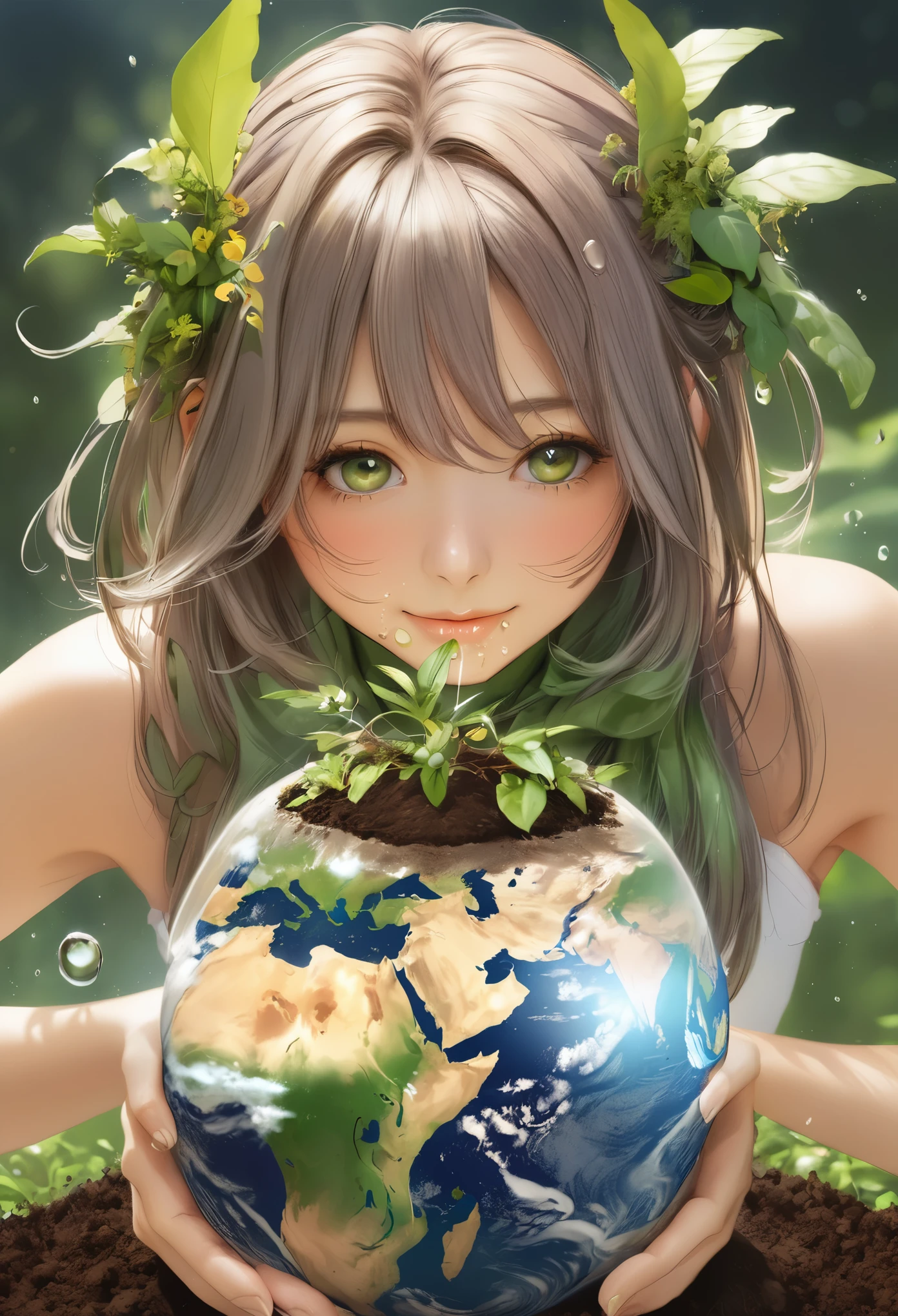 One girl, Female Earth Spirit, Earth-colored hair, Internal soil springs, Put a few drops of soil on your skin,