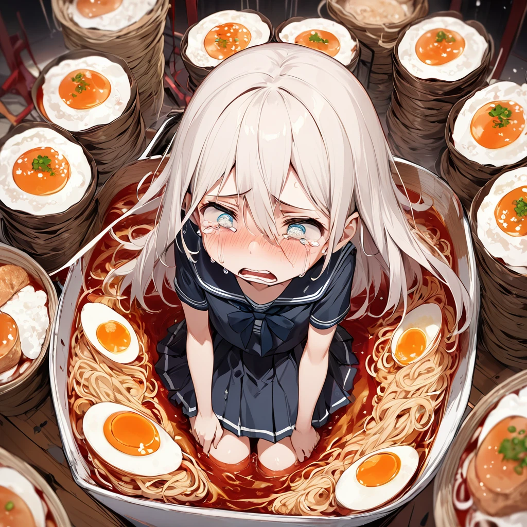 BREAK Perfect Anatomy、(High resolution:1.2)、Incredible illustrations、(Cute illustrations:1.2)、(Beautiful background) (a girl, 1.5meters, 40kg),,17-year-old,flat chest)(despair:2.0,tears:2.5)(school uniform,skirt) (blowing ramen out of her mouth)Female student eating super spicy ramen