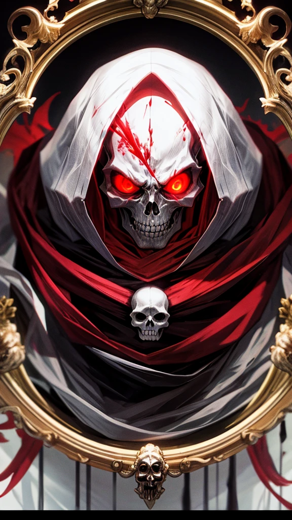 an angry skull mage with red eyes, only framed head