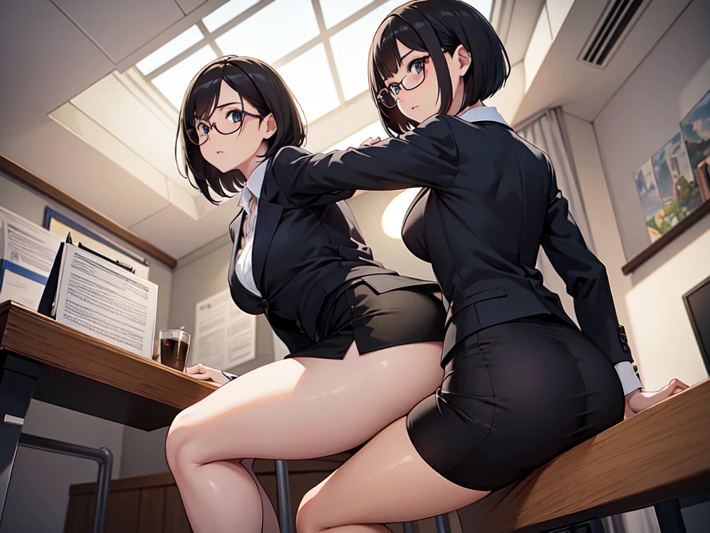 masterpiece, best quality, high definition images, atmospheric perspective, expressive eyes, perfect face, ultra detailed, solo, 1mature seductive woman sticking butt, alluring pose, female teacher, bending over, back view, black short bob hair, simple glasses, business suit, blouse, pencil skirt, tight mini skirt, spread legs, panties, curvy, thighs, pantyhose, high heals, from below, in study room,