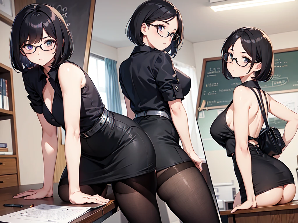 masterpiece, best quality, high definition images, atmospheric perspective, expressive eyes, perfect face, ultra detailed, solo, 1mature seductive woman sticking butt, alluring pose, female teacher, bending over, back view, black short bob hair, simple glasses, business suit, blouse, pencil skirt, tight mini skirt, spread legs, panties, curvy, thighs, pantyhose, high heals, from below, in study room,