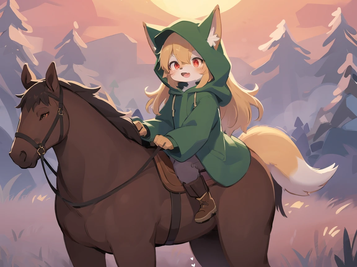 the fox, , was hairy, shaggy, skin fur, smooth lashes, golden fur, forelimb hands, straight long blonde hair, solid circle eyes, golden ears, golden fur, golden facial fur, shiny hair, red eyes, heart-shaped eyes, super cute face, 1fox tail, fluffy tail, furry tail, glowing eyes, green coat green hood down, brown trousers, riding unsaddled horse, open mouth, embarrassed, ambient light, ultra-fine fur, dashed eyes, full body, masterpiece, high quality, high-details, best quality, from front, (((solo))), twilight, sun light, red sky, rim light