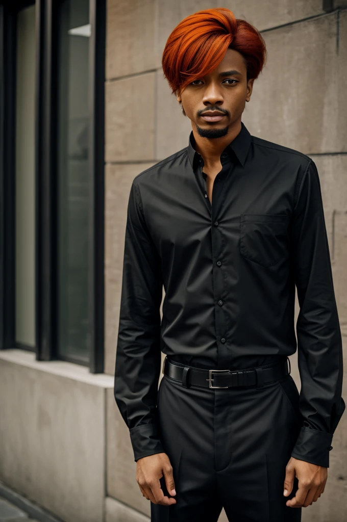 man, black blouse with black gloves, black pantaloon, orange man hair, 