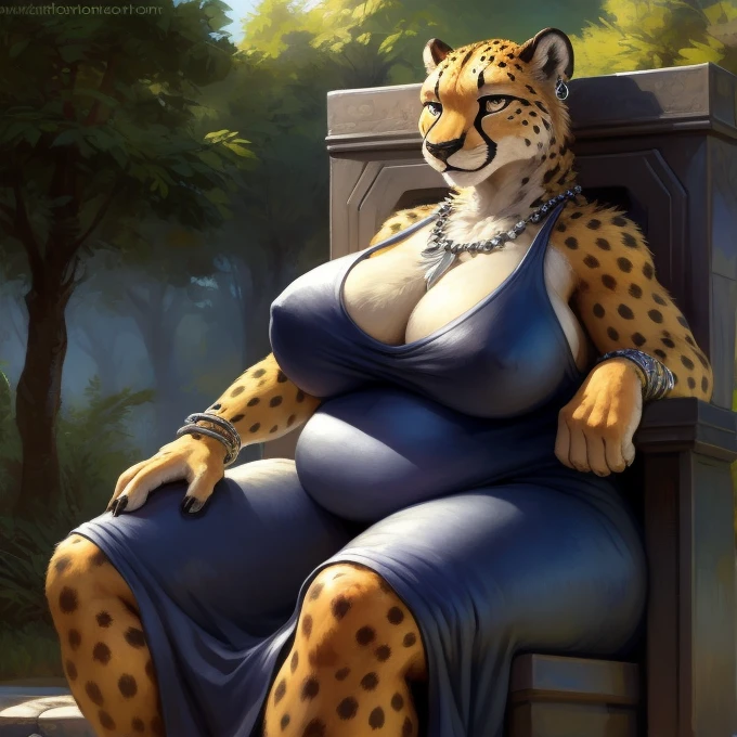 8k, high details, ultra detailed), a beautiful and detailed full size portrait of a female anthro cheetah, non-mammal breasts, roar view, big body, sexy body, goddess, wide hips, kenket, Ross Tran,ruan jia, trending on artstation,foxovh, cenematic lighting, fur, big butt, big breaths, big , big , big , big , White beaded necklace, free hands, detailed background, day, arrogant smile, looking at viewer, throne, exterior, park, stone wall, front view,
Female cheetah, fat, fat belly, fat thighs, fat arms, lovehandles, big breasts, silver eyes, golden yellow fur, black cheetah markings, silver dress, silver earrings, silver bracelets, silver rings, silver necklaces