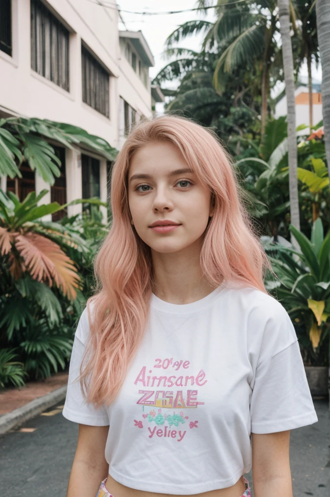 her name is Annie, high quality, 1girl, ((20-year-old fit Caucasian woman)), ((20 years old)), ((fit)), ((E girl hair)), pose: standing, wearing pastel colored unique g gen Z modern wear, BACKGROUND: From the colorful neighborhoods of Rio de Janeiro, with its iconic beaches, lush rainforests, and vibrant Carnival celebrations