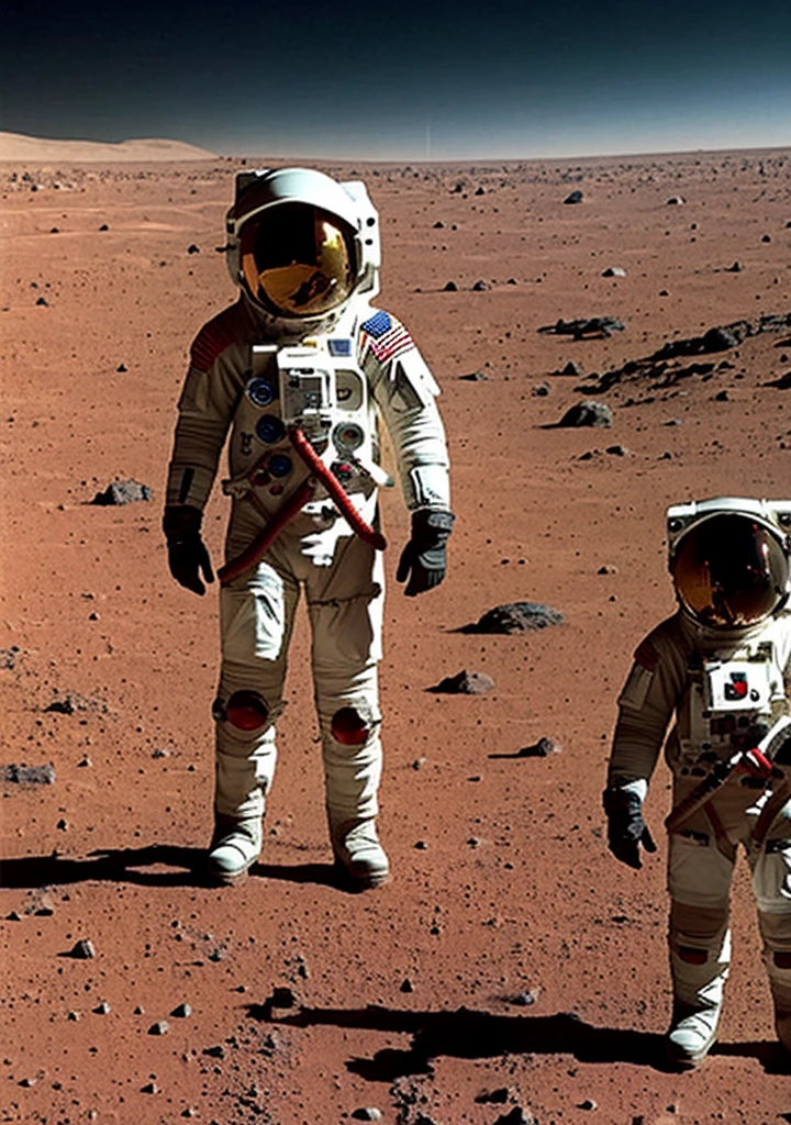 Imagine standing on the rust-colored plains of Mars, a lone astronaut gazes ahead. They are suited in a sleek, advanced spacesuit, its white and silver panels stark against the red backdrop. The helmet reflects the distant Martian sun, its visor tinted to protect against the harsh glare. The astronaut stands confidently, boots planted firmly on the dusty terrain, one gloved hand resting on a tool belt secured around the suit. Behind them, the barren landscape stretches out, with jagged rocks and the faint outline of a rover in the distance. Despite the desolation, the scene is one of human achievement and exploration.