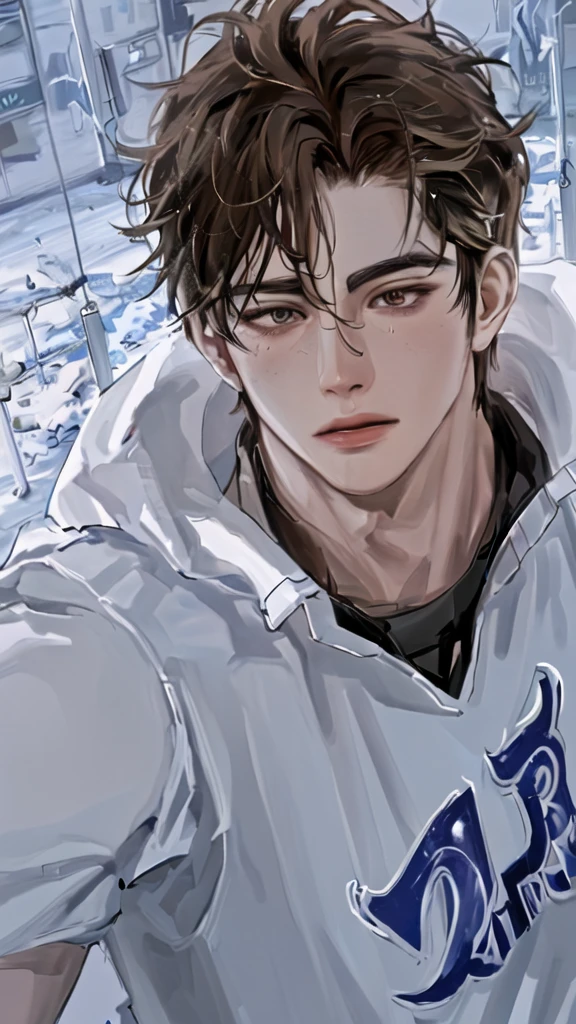 A Professional hockey player for the Edmonton OilersAppearance: A young Caucasian man with a muscular athletic build, messy dark brown hair, and an intense facial expression.Clothing: Edmonton Oilers hockey jersey and hockey gear, zoom face, close up face, middle face
