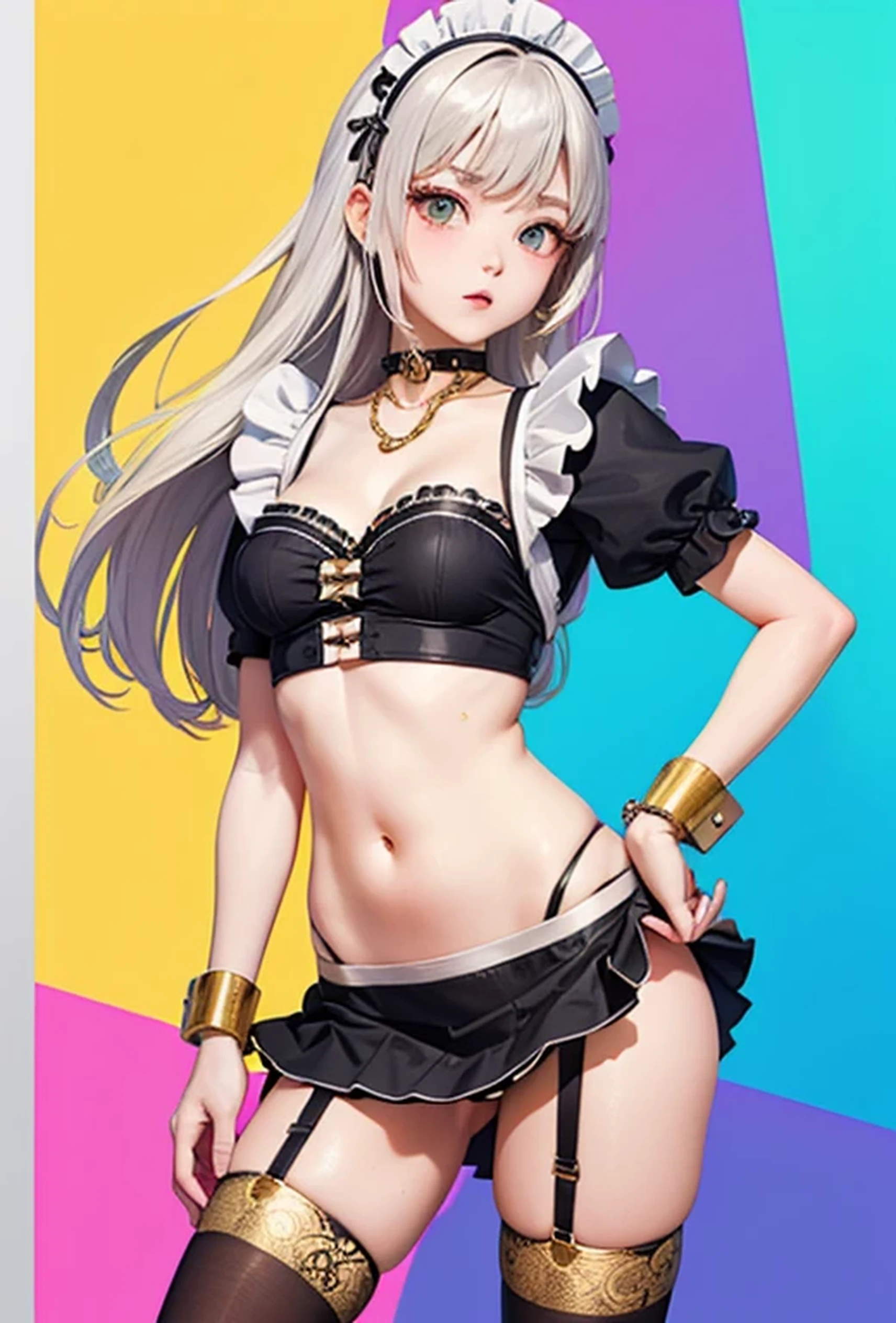 (Photorealistic:1.8, Highest quality:1.8,8K masterpiece:1.8、Super detailed、Ultra-high resolution、Detailed Background)、((Flat Color))、((colorful))、Multicolored lighting、((浮かぶcolorfulな水))、Blue background、
A woman in a maid outfit is tied up、Random Pause、(Golden chains on body、Golden chain collar、handcuffs)、Random Sexy Poses、Turn around、Angle from behind、
(Long Hair、Vermilion, silver and gold hair、hair ornaments、Brown Skin)、(Maid uniform、choker、Mini skirt with slit、Knee-high stockings、garter belt、Wedgie Panties)、Beautiful hip line、TWICE's Tzuyu' on pause、Beautiful blue eyes、(A rich expression、smile)
