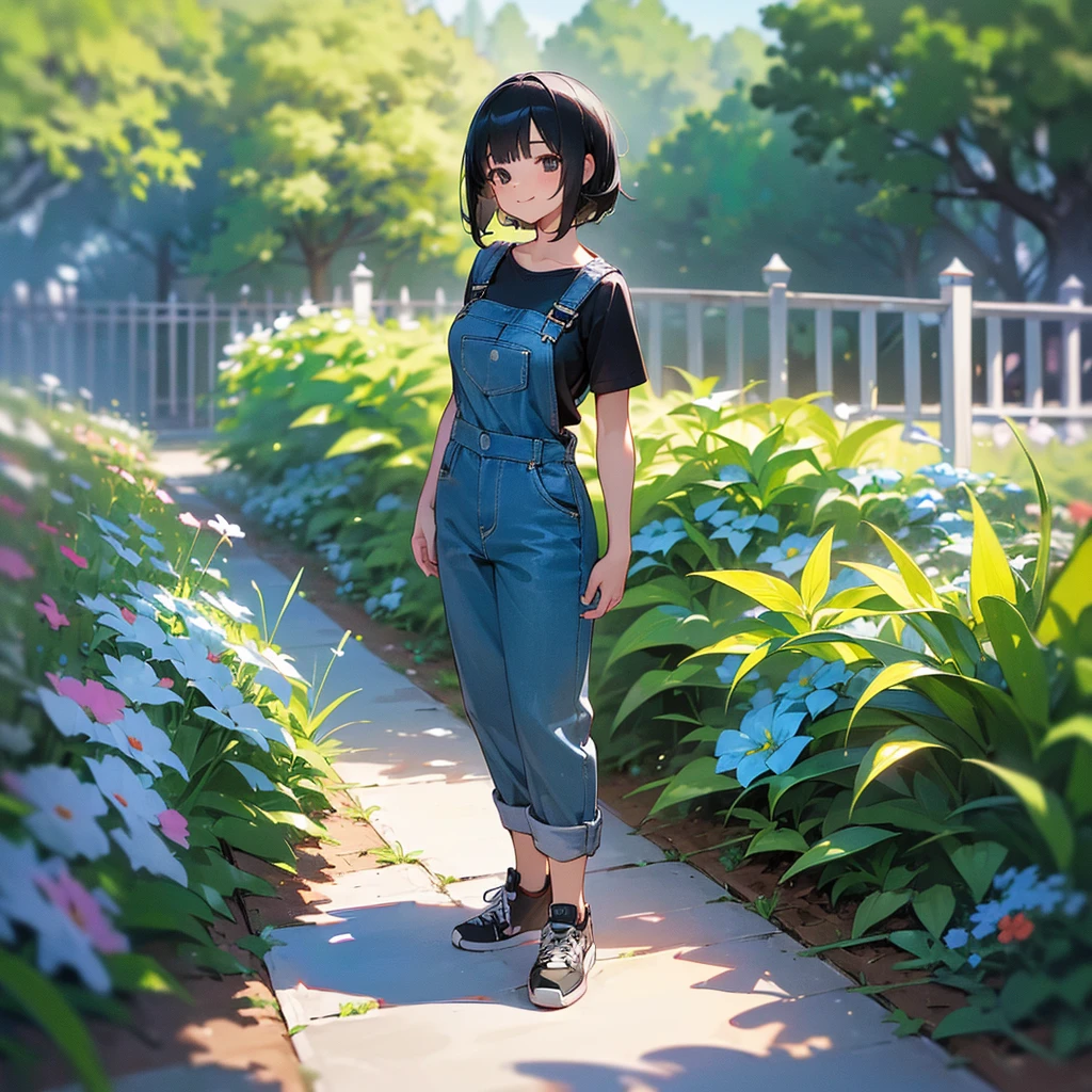 (high quality, High resolution, Very detailed, reality:1.37), Peaceful atmosphere, (Outdoor, garden), Teenage girl standing alone, (my breasts are big.), Beautiful details, Cute Smile, (Black bob hair), Short sleeve shirt, Overalls, Blue socks, sneakers.