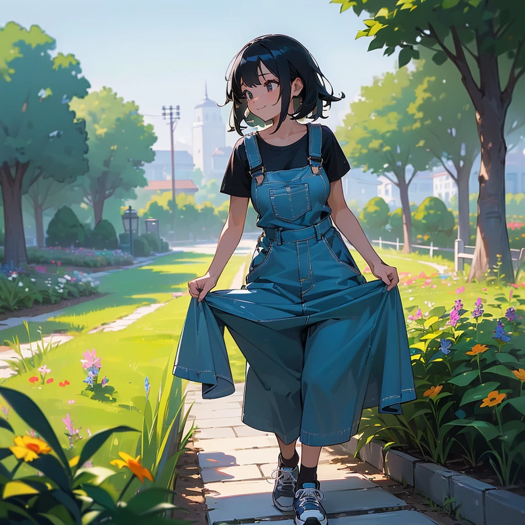 (high quality, High resolution, Very detailed, reality:1.37), Peaceful atmosphere, (Outdoor, garden), age girl standing alone, (my breasts are big.), Beautiful details, Cute Smile, (Black bob hair), Short sleeve shirt, Overalls, Blue socks, sneakers.