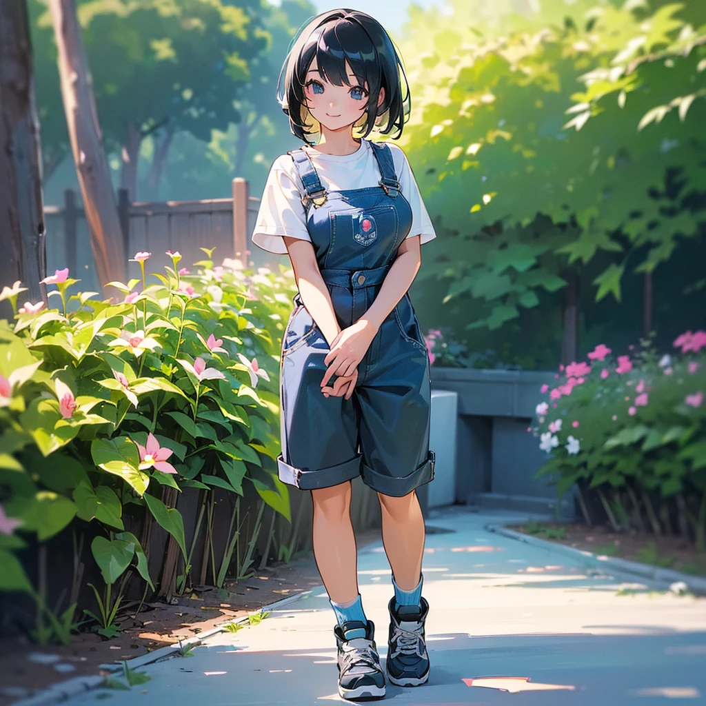 (high quality, High resolution, Very detailed, reality:1.37), Peaceful atmosphere, (Outdoor, garden), Teenage girl standing alone, (my breasts are big.), Beautiful details, Cute Smile, (Black bob hair), Short sleeve shirt, Overalls, Blue socks, sneakers.