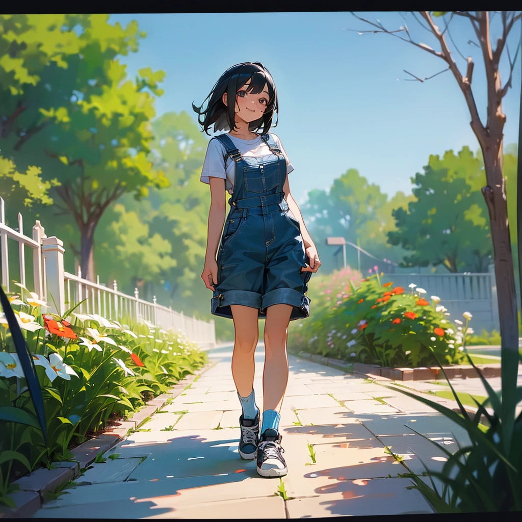 (high quality, High resolution, Very detailed, reality:1.37), Peaceful atmosphere, (Outdoor, garden), Teenage girl standing alone, (my breasts are big.), Beautiful details, Cute Smile, (Black bob hair), Short sleeve shirt, Overalls, Blue socks, sneakers.