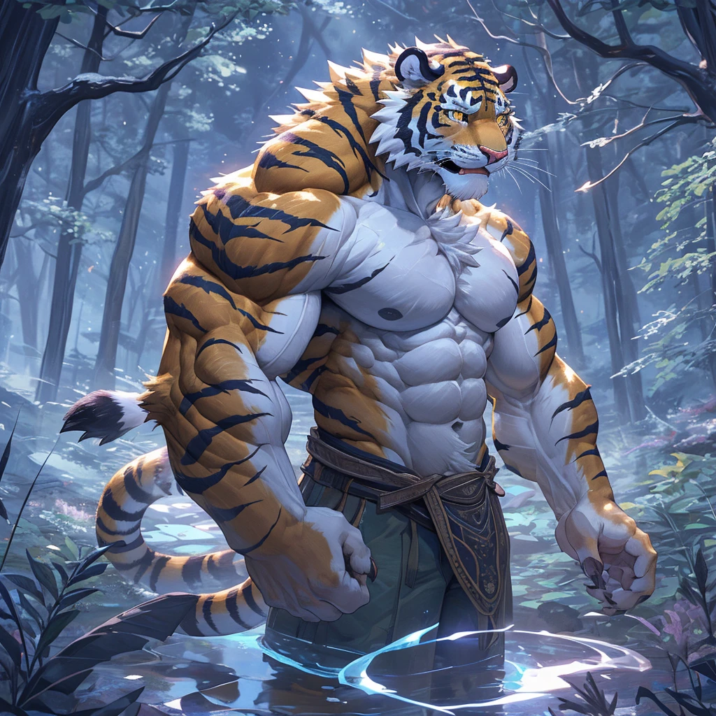 Sagittarius Tiger, the 12 zodiac signs, topless, furry, delicate, muscular, majestic (Golden eyes sparkle)The background is an endless magical forest, Wild and domineering , Huge muscles, Abdominal muscle tearing explorer adventurer domineering tiger