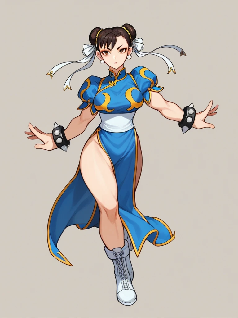 in kinu-sensei artstyle, Kinu Nishimura style, muted pastel colors, medium breasts, Chun-Li, Chun-Li, the iconic character from the Street Fighter video game series, stands at the forefront of the composition. Her dynamic pose suggests imminent action—a leap or a powerful kick. Here’s a breakdown of the details: Character Description: Chun-Li: A strong, agile fighter, Chun-Li is instantly recognizable by her signature blue qipao (a traditional Chinese dress) with golden accents. She embodies grace and power. Costume: Her qipao features slits on both sides, allowing of movement. The fabric flows around her as she prepares for combat. Footwear: White boots with similar side slits complete her ensemble, emphasizing practicality and style. Hairstyle: Chun-Li’s hair is styled in “ox horns,” two high buns adorned with white ribbons. Golden hairpieces resemble spiked bracelets, adding flair.