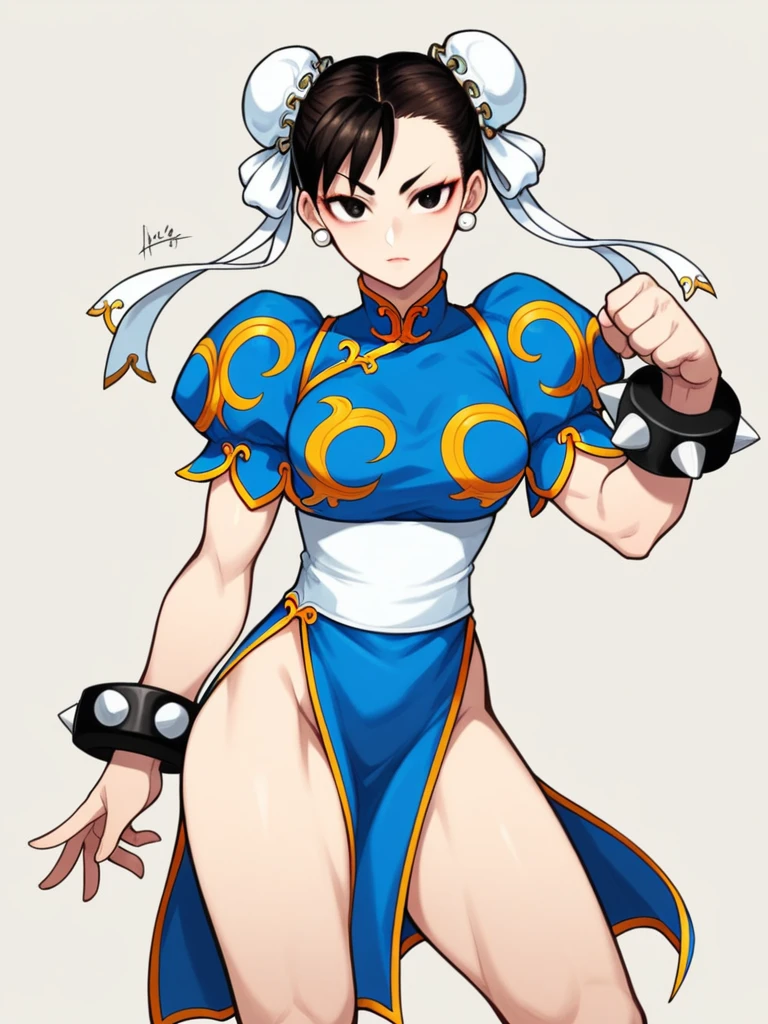 in kinu-sensei artstyle, Kinu Nishimura style, muted pastel colors, medium breasts, Chun-Li, Chun-Li, the iconic character from the Street Fighter video game series, stands at the forefront of the composition. Her dynamic pose suggests imminent action—a leap or a powerful kick. Here’s a breakdown of the details: Character Description: Chun-Li: A strong, agile fighter, Chun-Li is instantly recognizable by her signature blue qipao (a traditional Chinese dress) with golden accents. She embodies grace and power. Costume: Her qipao features slits on both sides, allowing of movement. The fabric flows around her as she prepares for combat. Footwear: White boots with similar side slits complete her ensemble, emphasizing practicality and style. Hairstyle: Chun-Li’s hair is styled in “ox horns,” two high buns adorned with white ribbons. Golden hairpieces resemble spiked bracelets, adding flair.