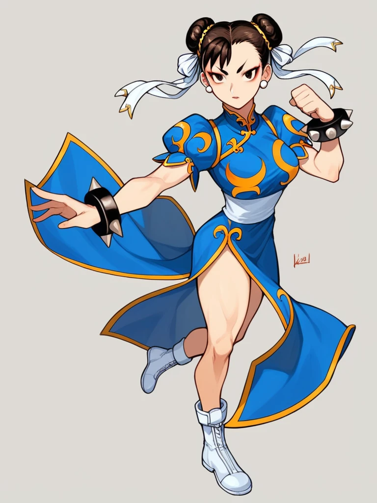 in kinu-sensei artstyle, Kinu Nishimura style, muted pastel colors, medium , Chun-Li, Chun-Li, the iconic character from the Street Fighter video game series, stands at the forefront of the composition. Her dynamic pose suggests imminent action—a leap or a powerful kick. Here’s a breakdown of the details: Character Description: Chun-Li: A strong, agile fighter, Chun-Li is instantly recognizable by her signature blue qipao (a traditional Chinese dress) with golden accents. She embodies grace and power. Costume: Her qipao features slits on both sides, allowing of movement. The fabric flows around her as she prepares for combat. Footwear: White boots with similar side slits complete her ensemble, emphasizing practicality and style. Hairstyle: Chun-Li’s hair is styled in “ox horns,” two high buns adorned with white ribbons. Golden hairpieces resemble spiked bracelets, adding flair.