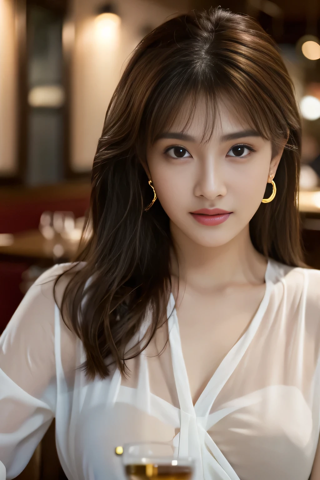 masterpiece, Highest quality, Realistic, Very detailed, Finer details, High resolution, 8k wallpaper, One beautiful woman, Wear a white see-through shirt, In a great restaurant, At night, Light brown messy hair, Perfect dynamic composition, Beautiful and beautiful eyes、Big earrings、