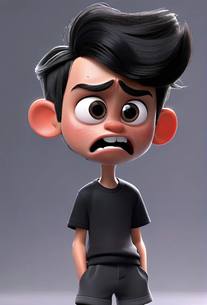 Funnily film character, disney pixar style , 3d, a boy with gray skin crying representing dark emotion, with shaved black hair, wearing black t-shirt and dark black shorts, eyes black, crying face, gray skin color , gray background 8k quality Creation