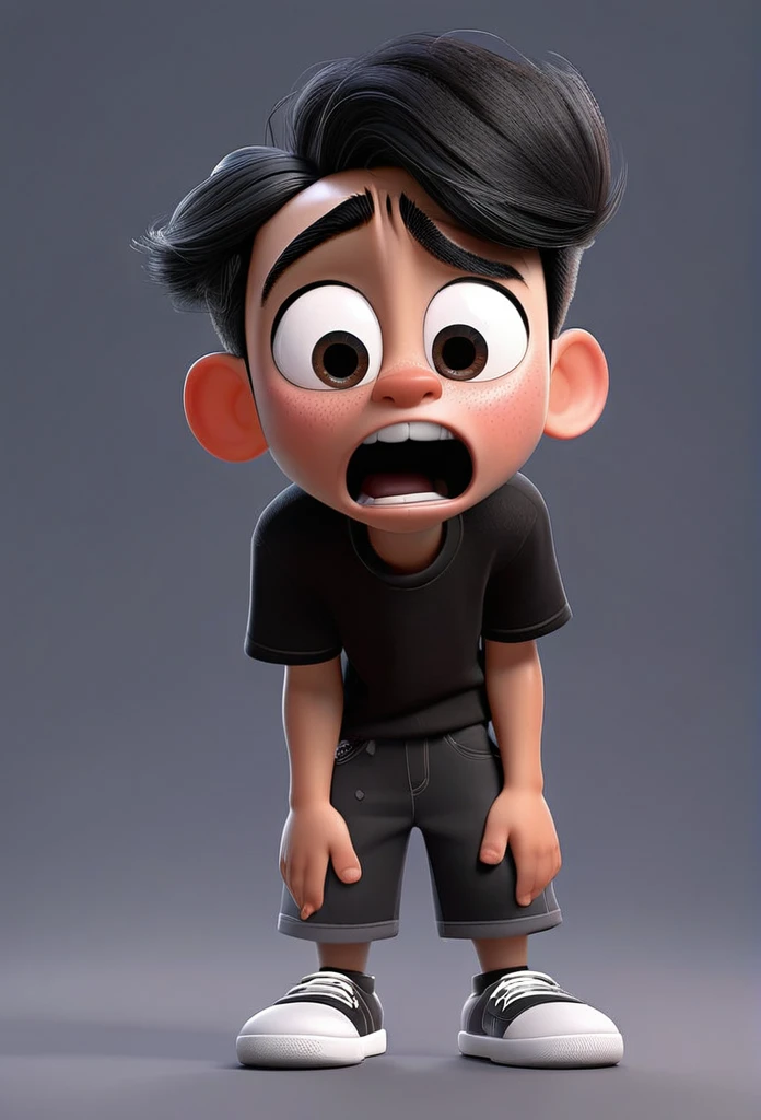 Funnily film character, disney pixar style , 3d, a boy with gray skin crying representing dark emotion, with shaved black hair, wearing black t-shirt and dark black shorts, eyes black, crying face, gray skin color , gray background 8k quality Creation