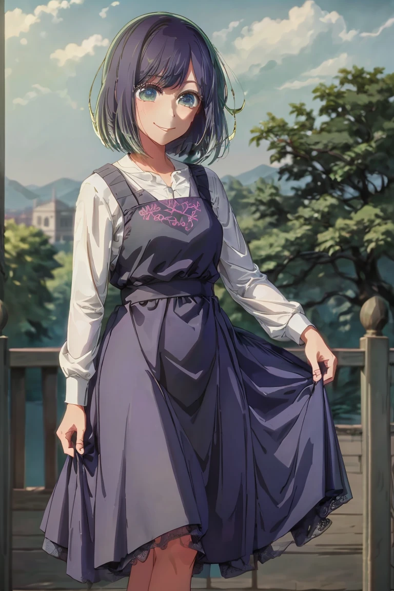 masterpiece, best quality, 1 girl, alone, detailed eyes, extremely blushing, flirty smile, happy, casual dress, standing, leaning on railing, background of a gazebo, background of a landscape