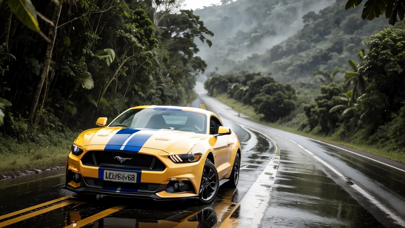 Ford Mustang rally on a road in the middle of the Amazon rainforest with rain