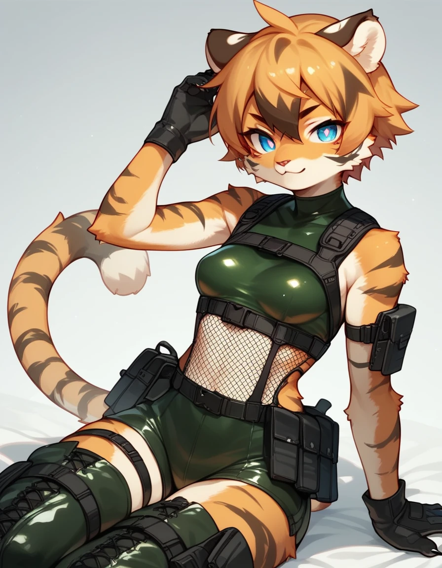 score_9, score_8_up) score_7_up, score_6_up, solo, tiger, kemono, anthro, cute, short hair, blue eyes, white pupils, sexy pose, orange fur, tactical harness, croptop, thigh high boots, assassin girl, mesh body suit, tactical gloves, latex, small breasts, outlide,