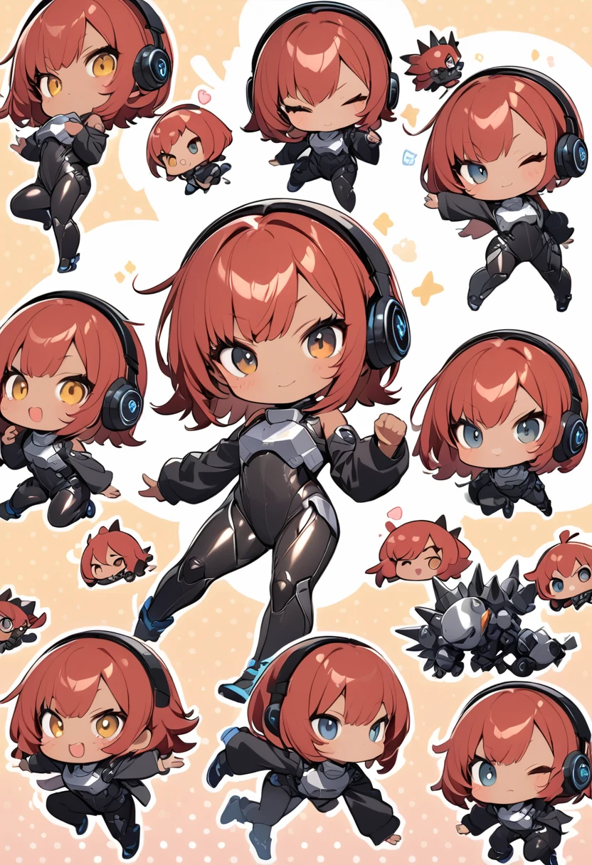full body,1 girl,(cute:1.3),short, spiky, red Hair, left eye blue, right eye yellow, tan skin, freckles,{White breastplate, Black futuristic headphones, Mechanical black glossy metallic Bodysuit, Bare shoulders, oversized jacket, Glossy, shiny material,chibi emote, chibi character, action pose