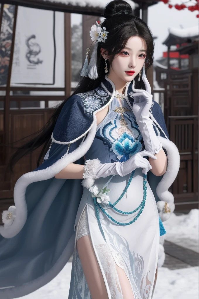 ltra-detailed,highly detailed,best quality,masterpiece,illustration,realistic,photorealistic,
guqinghan,cangyugezhu, 1girl, solo,
chinese clothes, china dress, gloves, fur trim, side slit, cape, shawl,
jewelry, earrings, tassel,
black hair, long hair, hair bun, hair ornament, hair flower,
looking at viewer, upper body, walking,
outdoors, winter, snow, flower,