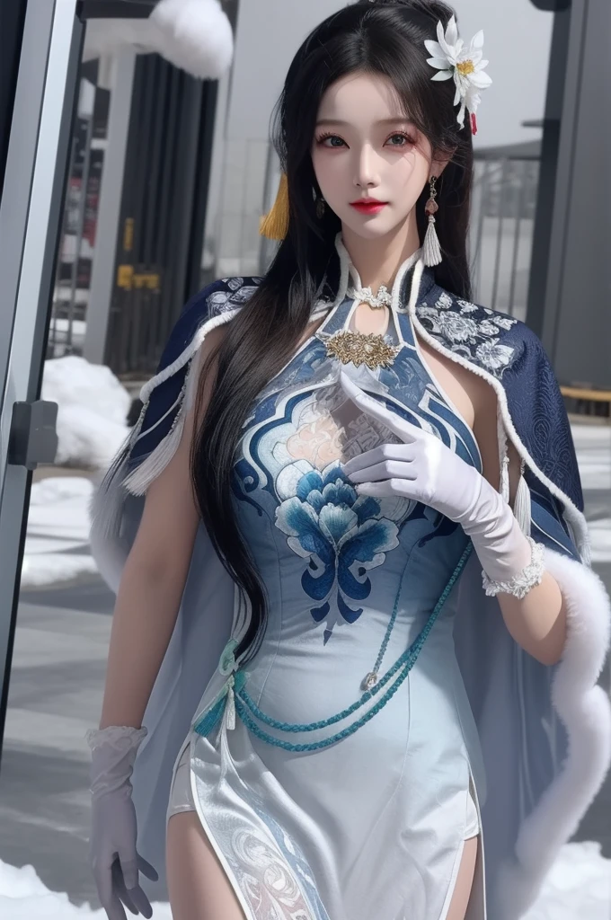 ltra-detailed,highly detailed,best quality,masterpiece,illustration,realistic,photorealistic,
guqinghan,cangyugezhu, 1girl, solo,
chinese clothes, china dress, gloves, fur trim, side slit, cape, shawl,
jewelry, earrings, tassel,
black hair, long hair, hair bun, hair ornament, hair flower,
looking at viewer, upper body, walking,
outdoors, winter, snow, flower,
