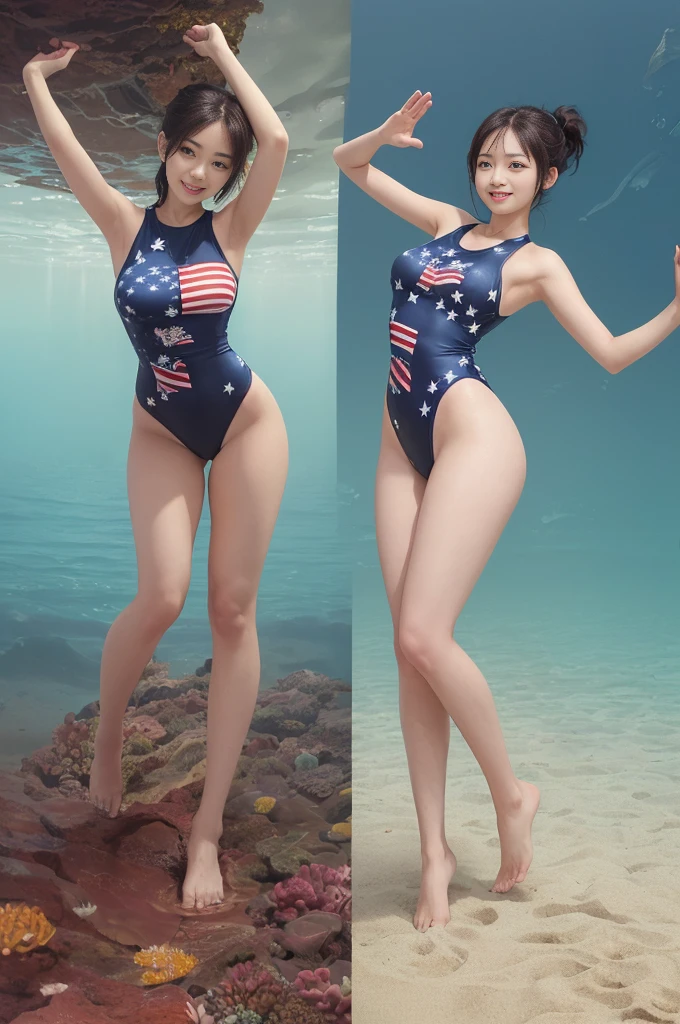 (((young slender Japanese girls posing under sea))), natural front lighting, ultra sharp focus,brown ponytail hair, (((bright skin))),large eyes with long eyelashes and double eyelids, dynamic angle,red lip,smile, 2girls, ((waving arms)), (((huge breasts))), (full body shot:2), (((wearing USA-flag-printed one-piece swimwear))), (((slim waistline))), anime face