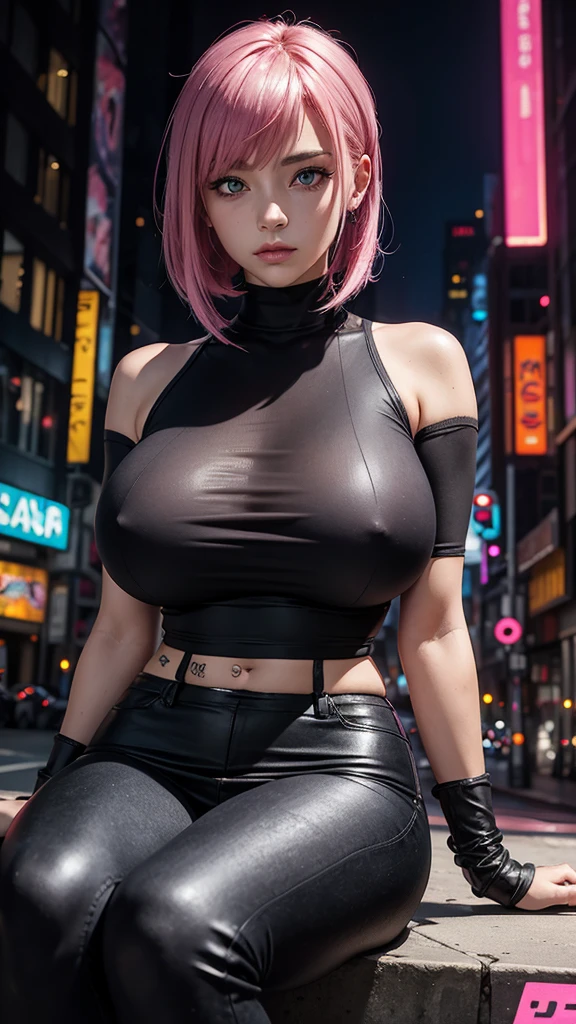 A woman with pink hair and a black shirt sits on a city street,Traffic lights in the background, Art sprouts, Anime Art, cyberpunk art, Photorealism, 1 girl, Bangs, women , Skyscraper, Solitary, _top,((Huge breasts)),Grooves reveal original skin