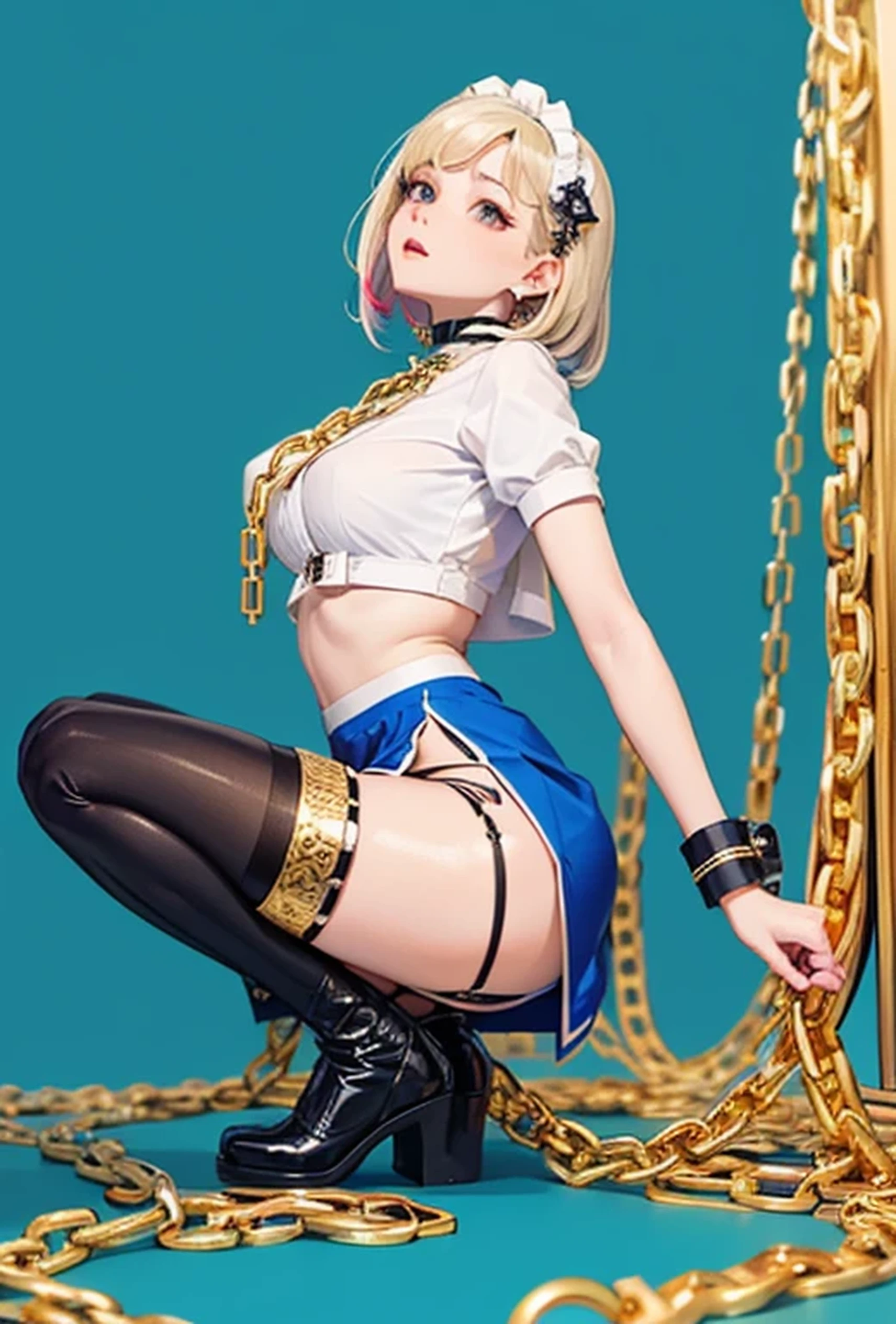 (Photorealistic:1.8, Highest quality:1.8,8K masterpiece:1.8、Super detailed、Ultra-high resolution、Detailed Background)、((Flat Color))、((colorful))、Multicolored lighting、((浮かぶcolorfulな水))、Blue background、
A woman in a maid outfit is tied up、Kneel and squat with your legs apart、Random Pause、(Golden chains on body、Golden chain collar、handcuffs)、Random Sexy Poses、Turn around、Angle from behind、
(Medium Hair、Vermilion, silver and gold hair、hair ornamentaid uniform、choker、Mini skirt with slit、Knee-high stockings、garter belt、Wedgie Panties)、Beautiful hip line、TWICE's Tzuyu' on pause、Beautiful blue eyes、(A rich expression、smile)
