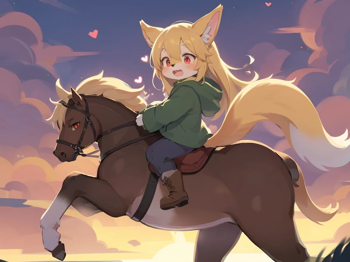 the fox, , was hairy, shaggy, skin fur, smooth lashes, golden fur, forelimb hands, straight long blonde hair, solid circle eyes, golden ears, golden fur, golden facial fur, shiny hair, red eyes, heart-shaped eyes, super cute face, 1fox tail, fluffy tail, furry tail, glowing eyes, green coat green hood down, brown trousers, riding unsaddled horse, open mouth, embarrassed, ambient light, ultra-fine fur, dashed eyes, full body, masterpiece, high quality, high-details, best quality, from front, (((solo))), twilight, sun light, red sky, rim light