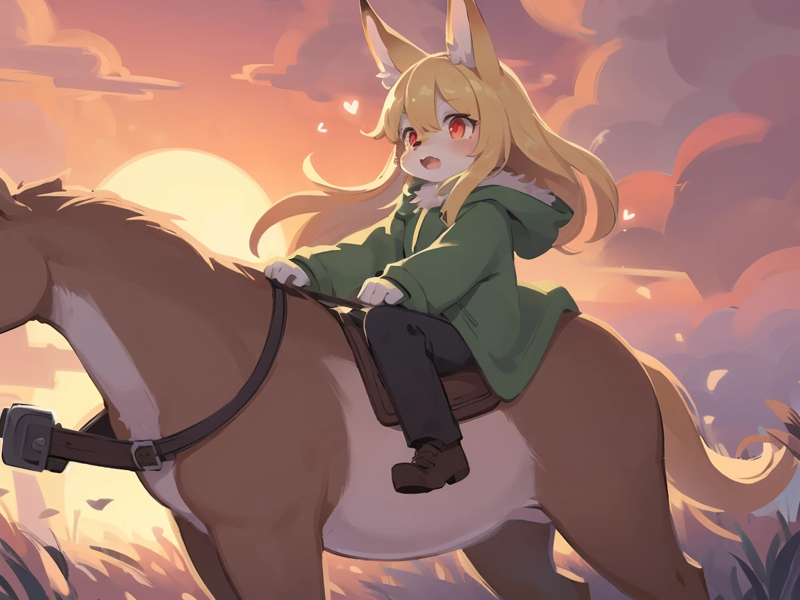 the fox, , was hairy, shaggy, skin fur, smooth lashes, golden fur, forelimb hands, straight long blonde hair, solid circle eyes, golden ears, golden fur, golden facial fur, shiny hair, red eyes, heart-shaped eyes, super cute face, 1fox tail, fluffy tail, furry tail, glowing eyes, green coat green hood down, brown trousers, riding unsaddled horse, open mouth, embarrassed, ambient light, ultra-fine fur, dashed eyes, full body, masterpiece, high quality, high-details, best quality, from front, (((solo))), twilight, sun light, red sky, rim light