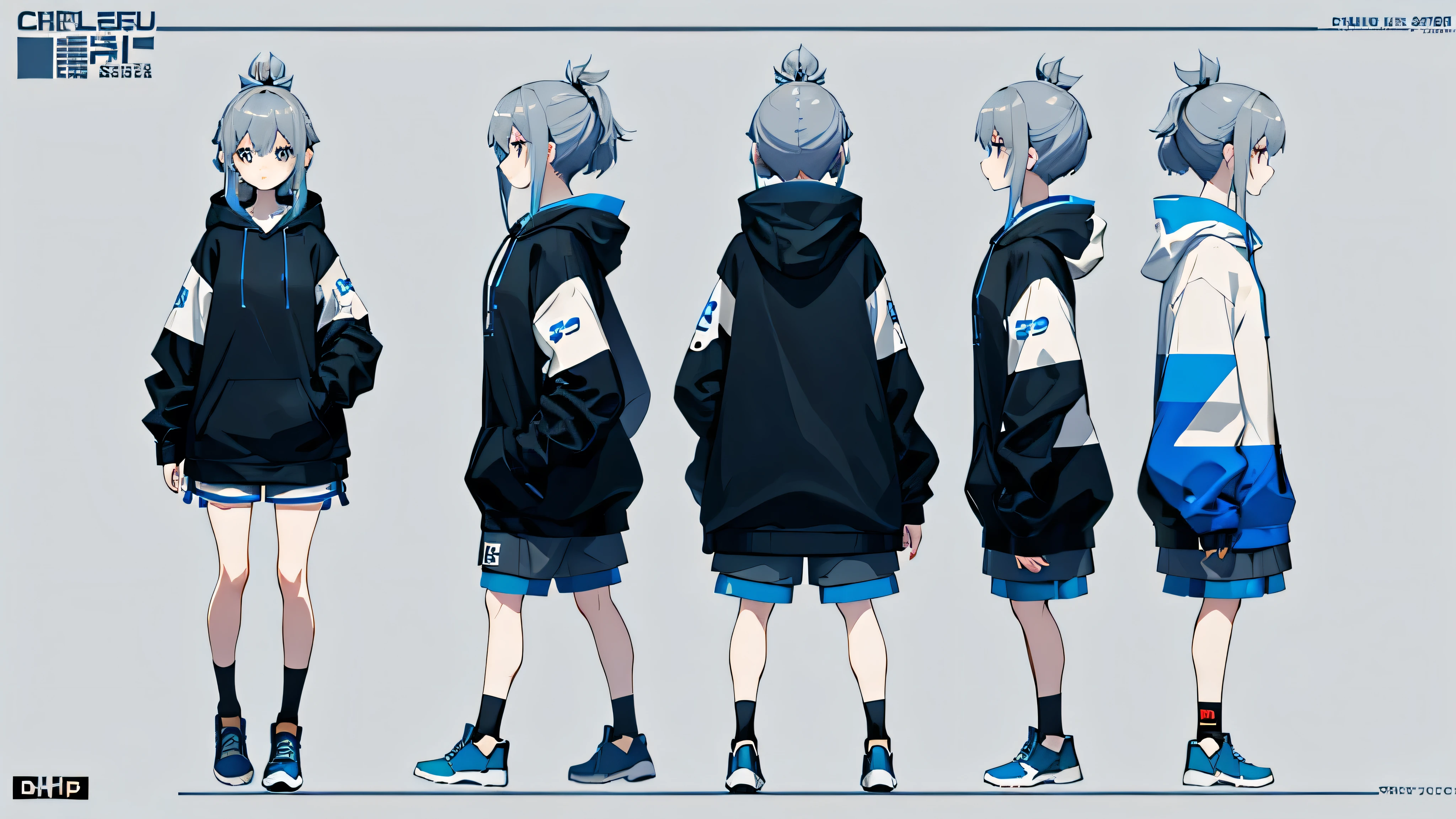 Character design sheet、girl、Short ponyte、Oversized hoodie、Shorts、Gray Hair、Blue inner color, Conceptual art, best quality, highres, 8k, UHD