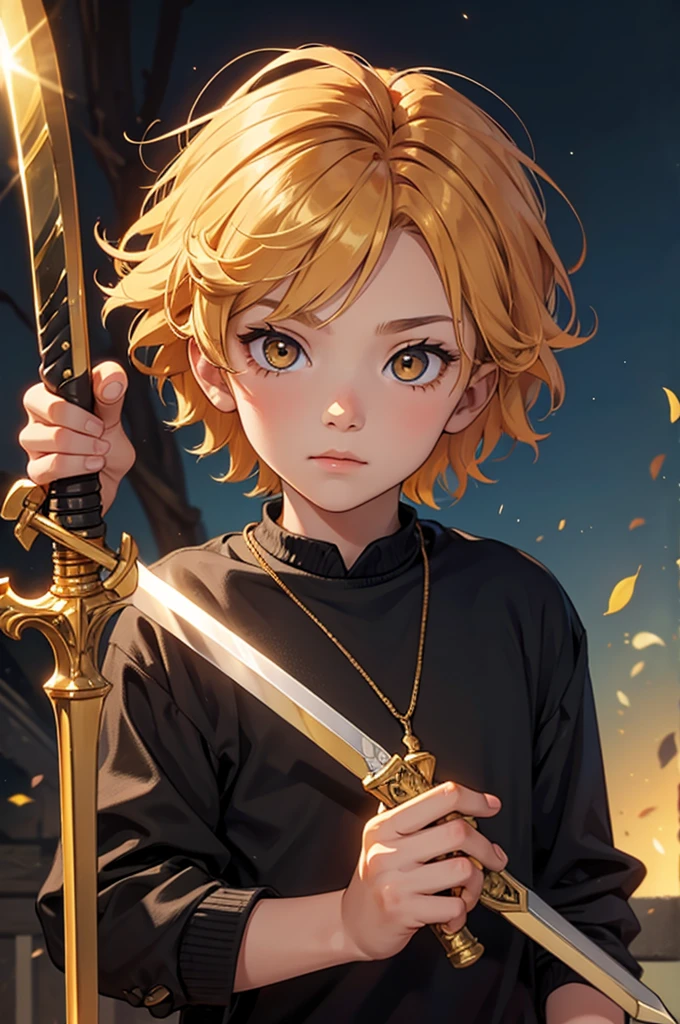 little kid boy ,with short golden hair, golden eyes, with a sword