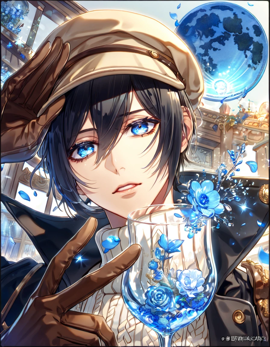 absurdres, highres, ultra detailed, HDR, master piece, best quality, extremely detailed, Yoite, black hair, expressive blue eyes, Nabari No Ou, solo, sexy man, handsome, black trench coat, white sweater, light brown beige cap, brown gloves, magical, fantasy, glittering, sparkling, glass, blue flowers, blue petals, water, blue moon