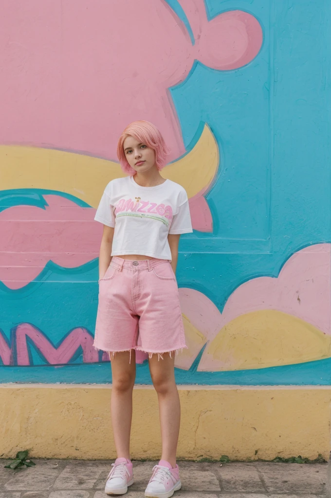 her name is Annie, high quality, 1girl, ((20-year-old fit Caucasian woman)), ((20 years old)), ((fit)), ((pink hair short)), pose: standing, wearing pastel colored unique g gen Z modern wear, BACKGROUND: From the colorful neighborhoods of Rio de Janeiro, with its iconic beaches, lush rainforests, and vibrant Carnival celebrations