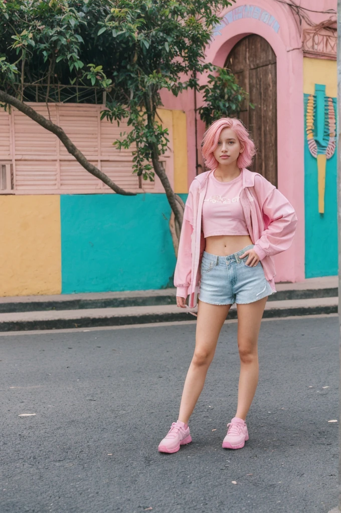 her name is Annie, high quality, 1girl, ((20-year-old fit Caucasian woman)), ((20 years old)), ((fit)), ((pink hair short)), pose: standing, wearing pastel colored unique g gen Z modern wear, BACKGROUND: From the colorful neighborhoods of Rio de Janeiro, with its iconic beaches, lush rainforests, and vibrant Carnival celebrations