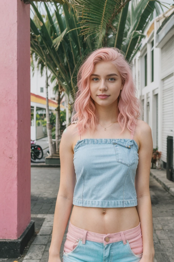 her name is Annie, high quality, 1girl, ((20-year-old fit Caucasian woman)), ((20 years old)), ((fit)), ((pink hair short)), pose: standing, wearing pastel colored unique g gen Z modern wear, BACKGROUND: From the colorful neighborhoods of Rio de Janeiro, with its iconic beaches, lush rainforests, and vibrant Carnival celebrations